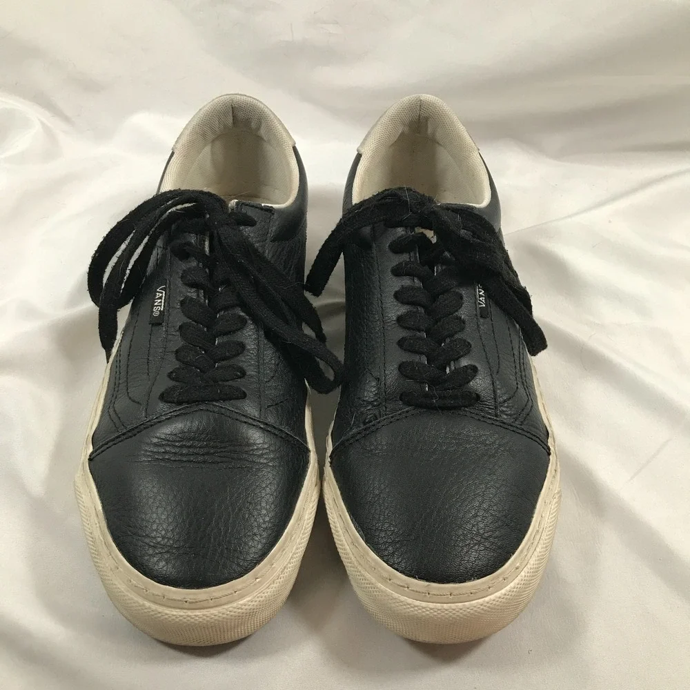 VANS Off The Wall Old Skool Lux Black Leather Lace Up Shoes‎ Mens 6.5 Womens 8